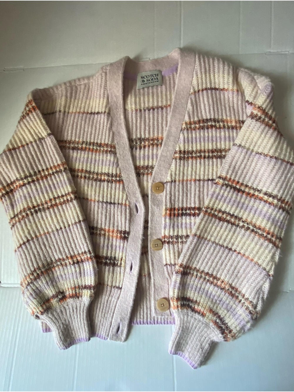 Scotch & Soda Pale Pink Striped Ribbed Button Cardigan - Picture 1 of 4